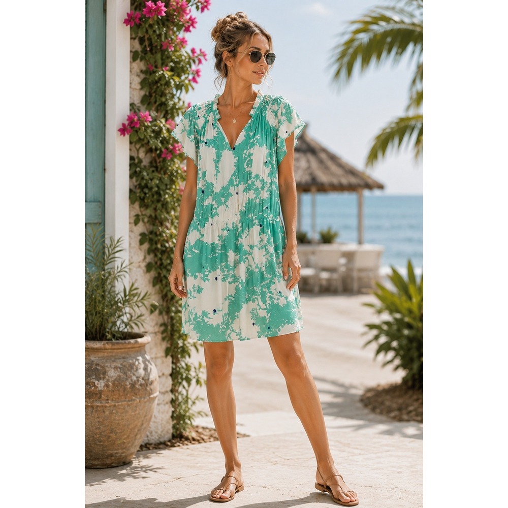 Anthropologie Caballero Kelsie Green Silk Dress Women's Large Boho Resort Style